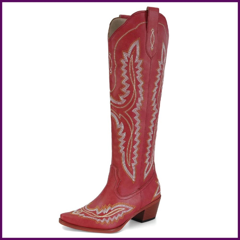 Women's Red Embroidered Knee-High Western Heeled Boot